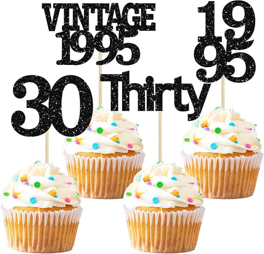 Gyufise 24Pcs Vintage 1995 Cupcake Toppers Cheers to 30 Fabulous Thirty Cupcake Picks Decorations for 30th Birthday Wedding Anniversary Party Supplies Black