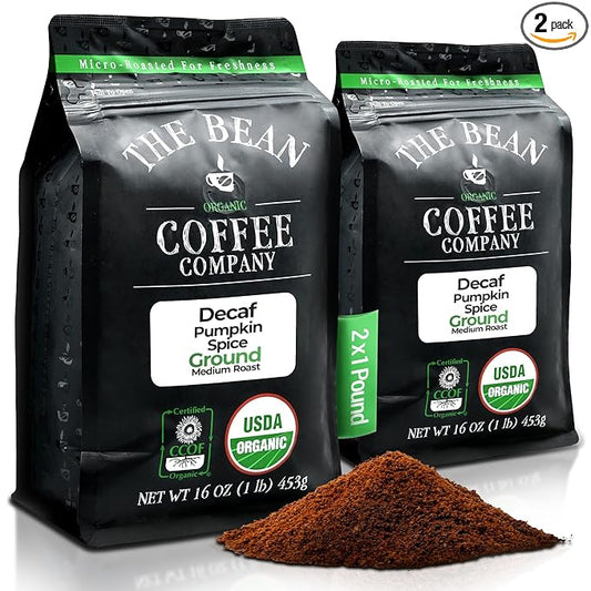 The Bean Organic Coffee Company Water Processed DECAF Pumpkin Spice, Medium Roast, Ground Coffee, 16-Ounce Bags (Pack of 2), Café Molido Tostado Orgánico descafeinado