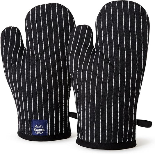 Encasa Homes Long 12" Oven Microwave Hand Gloves Mitts (2 pc Set) for Kitchen Cooking & Baking - Heat Resistant, Thick & Safe, Protection of Hands from Hot Utensils - Butcher Stripes Black