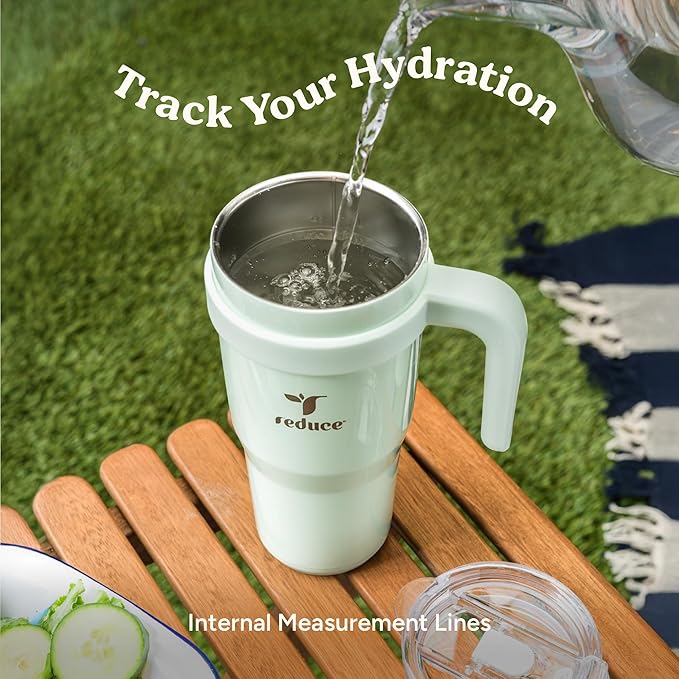 REDUCE 24 oz Stainless Steel Tumbler with Handle - Dual-Wall Vacuum Insulated Travel Mug, Sweat-Proof Lid & Reusable Straw - Keeps Drinks Cold for 24 Hrs, Fits Cupholders, Dishwasher Safe - Sand
