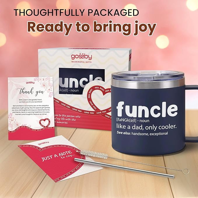 Gossby 14oz FUNCLE Tumbler Mug - Funny Uncle Gift from Niece, Nephew, Kids - Father's Day, Christmas, Birthday Gift for Uncle - Travel Insulated Coffee Cup with Lid, Straw