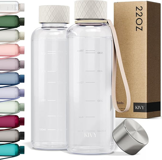 KIVY Slim Water Bottle 22oz [Lightweight & Shatterproof] - Small Drinking Waterbottle - Clear Water Bottle Without Straw for School, Sport & Travel - Transparent Bottle Dishwasher Safe, BPA Free