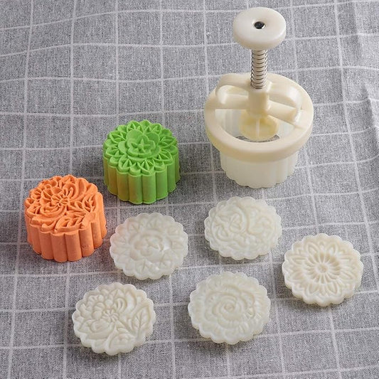 Moon Cake Mold Set Cookie Stamp 5pcs 100g Stamps, Thickness Adjustable DIY Cookie Press Decoration Cake Mold Hand Cutter Set
