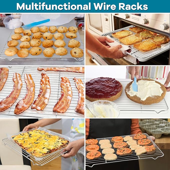 P&P CHEF Baking Cooling Rack Set for Cooking Roasting, 4-Piece Stainless Steel Wire Racks for Oven Use, Healthy & Dishwasher Safe, Rectangle, 16.6 Inch