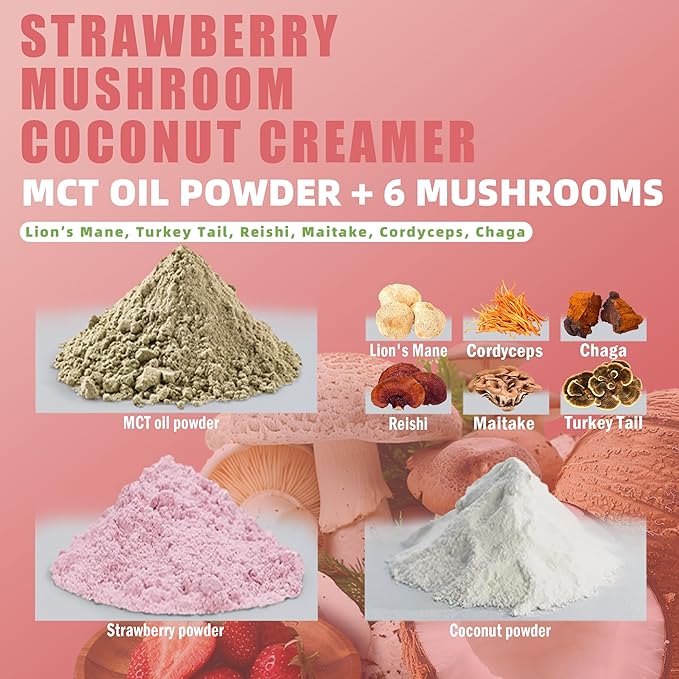 Mushroom Coffee Creamer, Strawberry Flavored Coconut Creamer, Probiotics, MCT Powder, 6 Mushrooms | Lion's Mane, Turkey Tail, Reishi, Maitake | Boosts Focus, Immunity and Energy | 30 Servings