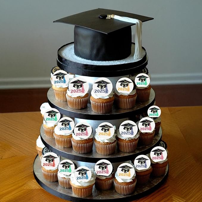 Gyufise 48Pcs Edible 2025 Graduation Theme Cupcake Toppers Wafer Paper Graduate Hat Grad Cap Cupcake Picks 2025 Students Graduation Theme Party Cake Decorations Supplies Multi