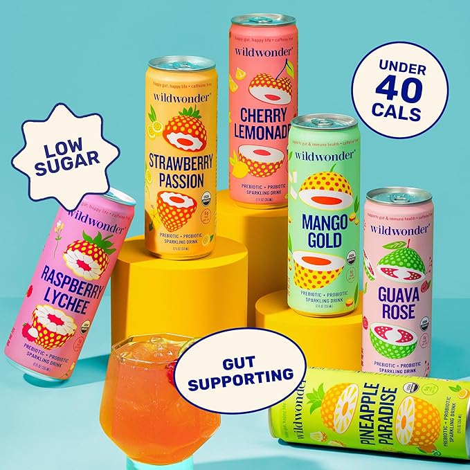 wildwonder Sparkling Probiotic Drink 12pk, For Gut Health & Immune Support, Pineapple Paradise, 5g Prebiotic Fiber, Live Probiotics, Organic, Vegan, Low Sugar, 12 Pack, 12oz Can, As Seen on Shark Tank