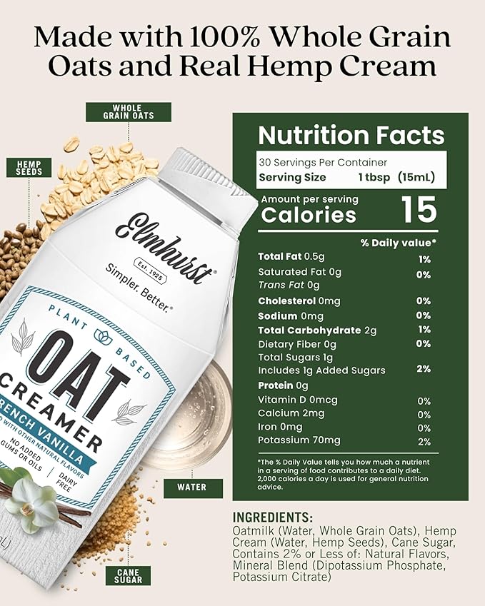 Elmhurst 1925 French Vanilla Oat Creamer - 16 Ounce (Pack of 6) Dairy-Free, Vegan, Kosher, Low Sugar, Shelf Stable Creamer Made with Water & Oat Grains for Healthier, Simpler Plant Based Alternatives