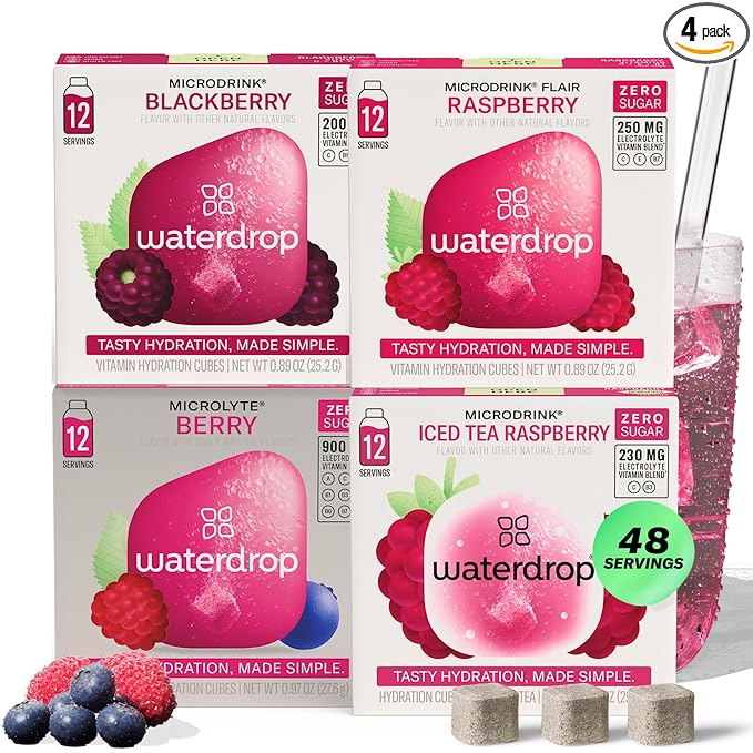 Waterdrop Hydration Cubes Mixed Berry Variety Pack, Zero Sugar Electrolyte & Vitamin Drink Mix, Flavored Water Enhancer Includes Blackberry, Blackcurrant, Microlyte Berry, Ice Tea Raspberry, 48 Count