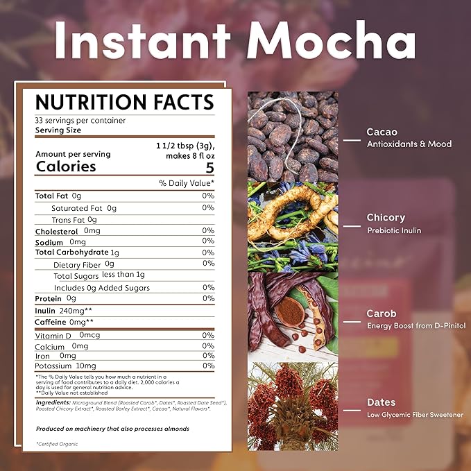 Teeccino Instant Organic Mocha Herbal Coffee– 33 servings – Instant Chicory Coffee Alternative with Lush Chocolate Slightly Sweetened by Dates That’s Prebiotic, Caffeine-Free & Acid Free - 3.53 ounces  