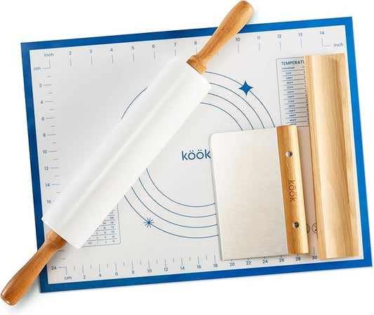 Kook Marble Rolling Pin Set, 18 Inch Rolling Pin with Beechwood Handles, Wooden Holder, Metal Scraper, Silicone Mat, Nonstick, for Baking Pizza Dough, Pastries, Tortillas