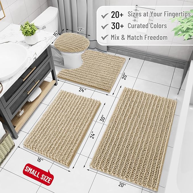 Arotive Luxury Chenille Bathroom Rug Mat, Extra Soft Thick Absorbent Shaggy Bath Rugs, Non-Slip Machine Wash Dry, Plush Bath Mats for Bathroom, Shower and Tub, 34x21, Beige
