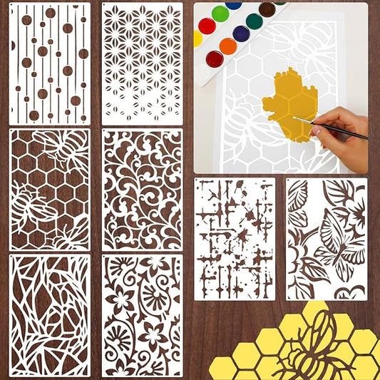 Yazhiji 8PCS Geometric Stencils for Painting, Reusable Large Size Geometric Painting Stencils Abstract Layering Stencil for Painting on Wood Canvas Furniture Wall Floor Decor Drawing DIY Art Supplies