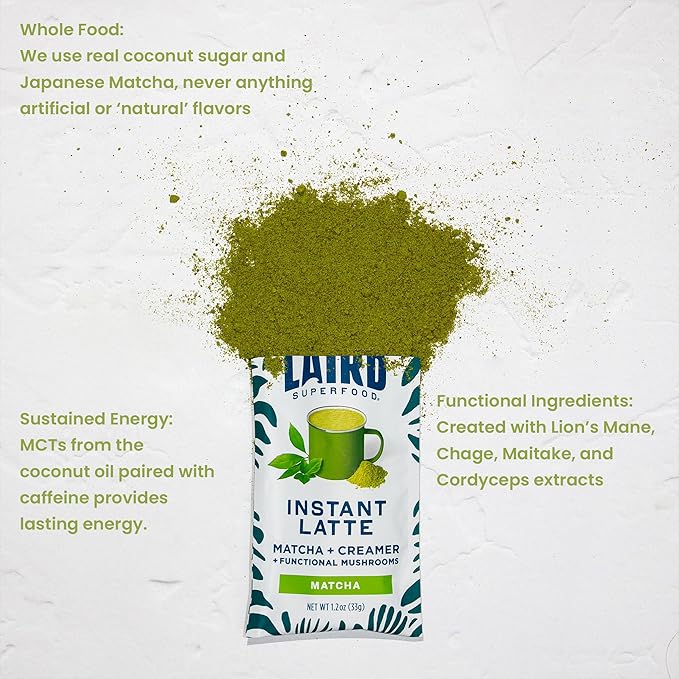 Laird Superfood Instant Latte Matcha, Non-Dairy, Superfood Creamer, Gluten Free, Non-GMO, Vegan, 15pk Sachets