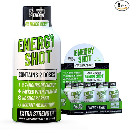 B12 Mixed Berry Extra Strength Energy Shot 8 pk – 260mg Natural Caffeine B12 B6 – Energy & Vitality Support – 2 Servings Sugar Free Zero Calorie Green Tea B-Vitamins Electrolytes Vegan – 1.93 fl oz