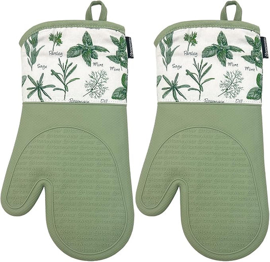 Delaney Silicone Oven Mitts Set - Extra Long, Heat Resistant Kitchen Gloves, Non-Slip Holders for BBQ, Baking, Cooking Essentials, Sage & Herbs, Kitchen Decor, Oven Gloves, New Home Gifts