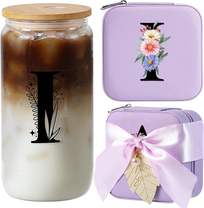 AYGXU Drinking glass with Bamboo Lids and Straw,Small Travel Jewelry Case, Organizer Storage Holder Boxes,iced coffee cups,Cute Tumbler Cup,teacher gifts for women,Initial I purple