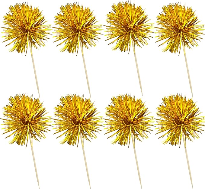 Ephlyn 30Pcs Foil Firework Cupcake Toppers Sparkles Fireworks Sticks Birthday Decorations Sparkle Tinsel Cocktail Fruit Toothpick for Birthday Wedding Graduation Party Cake Decorations Gold