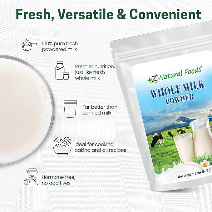 Z Natural Foods Premium Whole Milk Powder - Powdered Milk for Baking, Cooking, Drinks - Dry Milk Powder, Pasteurized, Non-GMO, Gluten-Free, Kosher-Certified, 2 lbs
