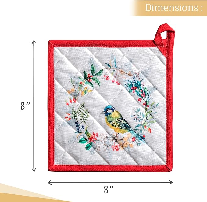 Maison d' Hermine Pot Holders Set 100% Cotton Heat Resistant Potholders 8" x 8" Hot Pads with Loop BBQ, Cooking, Baking, Grilling, Kitchen, Handling Hot Pans (Pack of 2, Morzine)