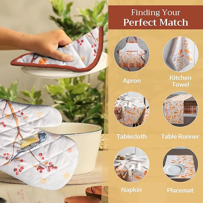 Maison d' Hermine 100% Cotton Oven Mitt & Pot Holder Set (7.5"x13" & 8"x8") Heat Resistant BBQ Cooking Gloves with Loop, Baking, Grilling, Kitchen, Handling Hot Pans (Oak Leaves)
