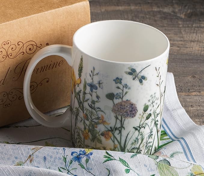 Maison d' Hermine Coffee Mug with Handles Fine Bone China Mugs Pack of Two Tea Cups for Hot Beverages Cappuccino Latte Home Restaurant Office Perfect for Gift (Fleurs De Mai, 12 Ounce)