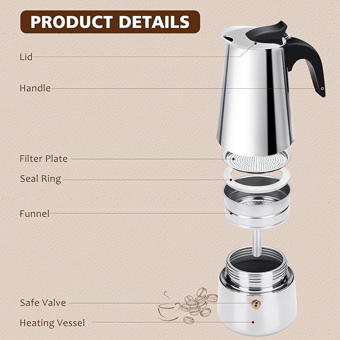 Stovetop Espresso Maker, 6 cup Moka Pot, Italian Coffee Maker Percolator, Stainless Steel Espresso Pots, 300ml/10oz(Espresso Cup=50ml/1.7oz) Coffee Pot Cafe Maker for Induction Cookers, Hobs