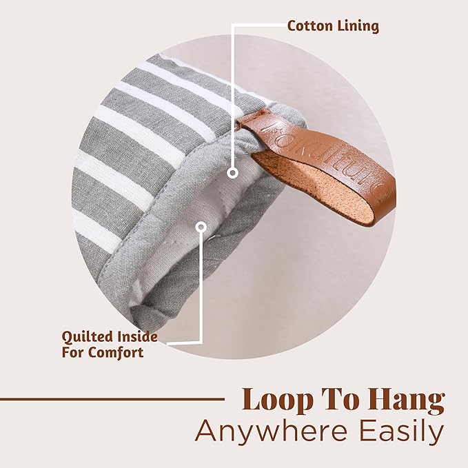 Folkulture Mini Oven Mitts Heat Resistant | (5.75 x9) Set of 2 White Short Oven Mitts with Hanging Loop | 100% Cotton Oven Gloves or Kitchen Mittens | Small Oven Mitt Set or Grey Silicone Oven Mitt