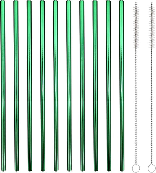 10 Pcs Stainless Steel Straws, Reusable Drinking Straws, Straight Metal Straw Sets with 2 Pcs Cleaning Brushes (10.5 Inch, Green)