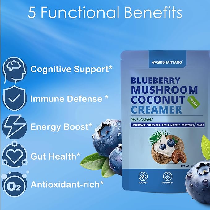 Mushroom Coffee Creamer, Blueberry Flavored, Probiotics, MCT Powder and 6 Mushrooms | Lion's Mane, Turkey Tail, Reishi, Maitake, Chaga, Cordyceps | Boosts Energy, Focus, Supports Immunity | Gluten-Free, Vegan, 6.35 Oz