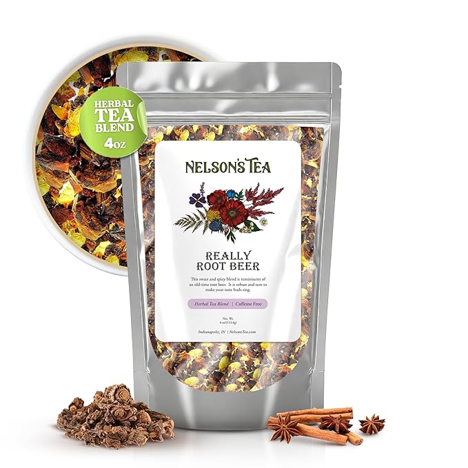 Nelson's Tea Really Root Beer - Sarsaparilla Root Herbal Loose Leaf Tea; Blend of Flavors like Sarsaparilla, Sassafras Burdock, and More! - 4 oz