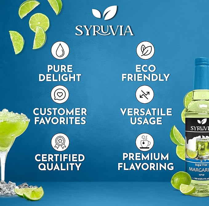 Syruvia Sugar Free Margarita Syrup, Flavored Syrup for Cocktails, Drinks, Lemonades, Iced Teas, and Desserts – 25.4 fl oz, With Pump