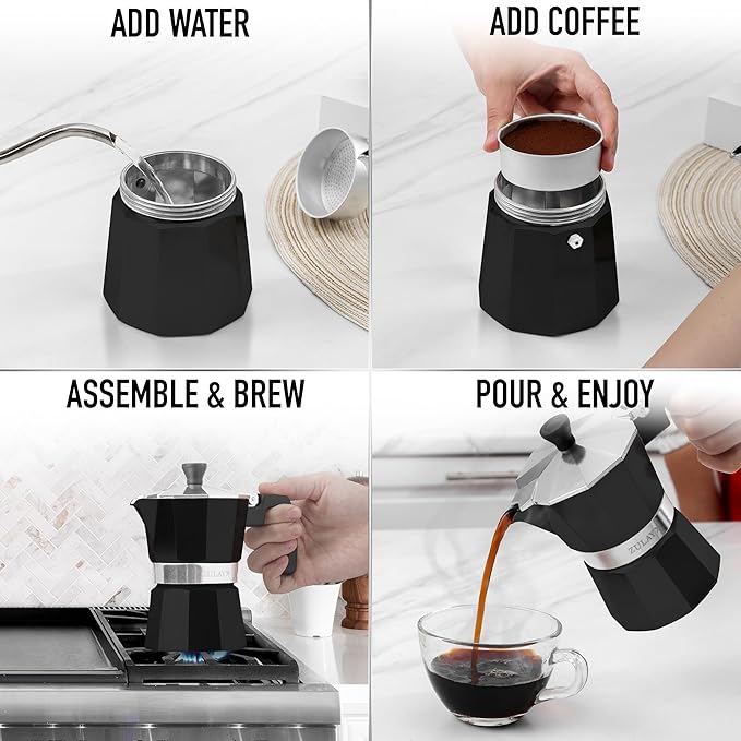 Zulay Moka Pot Espresso Stovetop Coffee Maker - Leak-Proof, Stainless Steel, Easy to Clean, Heat Resistant Handle & Knob - for Authentic Cuban & Italian Style Espresso - Makes 9 Espresso Cups - Black