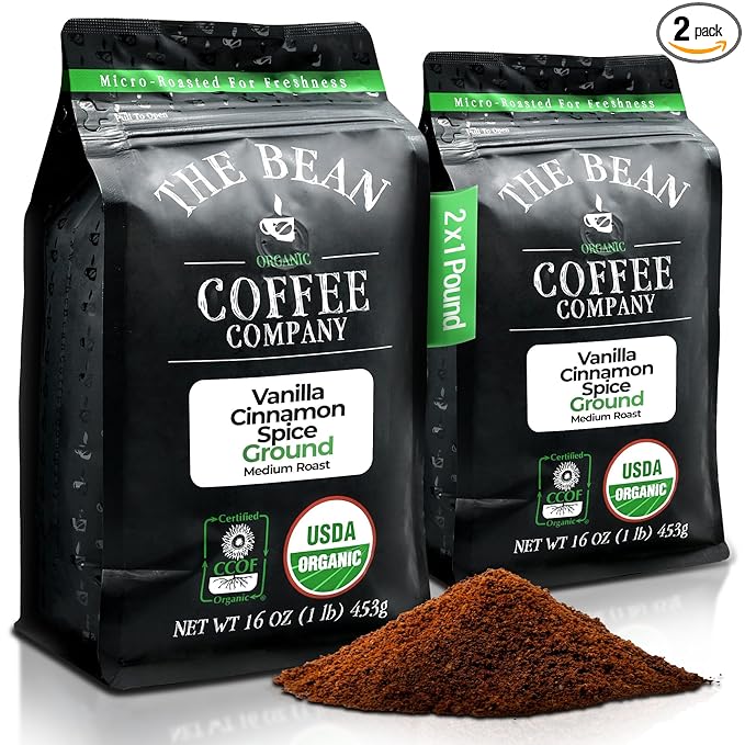 The Bean Organic Coffee Company Holiday Bean (Vanilla Cinnamon Spice), Medium Roast, Ground Coffee, 16-Ounce Bags (Pack of 2),Café molido tostado organico