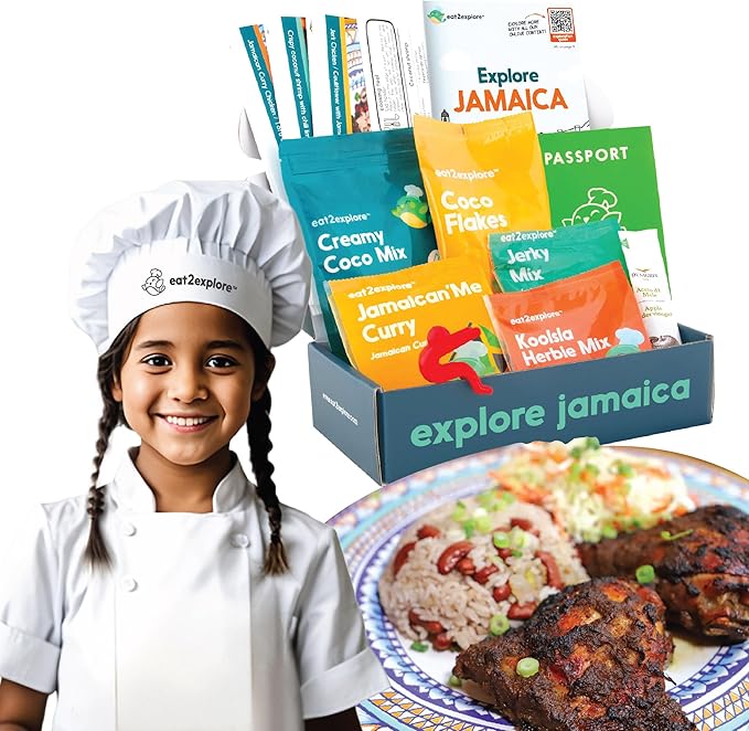 eat2explore Cooking Kits for Kids – Interactive & Educational Kids Cooking Sets Real for Ages 5 and Up,3 Recipe Cards & Global Ingredients – Fun Gift for Young Chefs (Jamaica Edition)