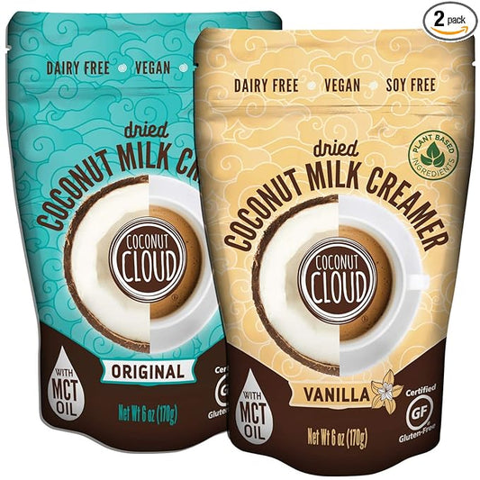 Coconut Cloud: Plant Based Dairy Free Coffee Creamer | Keto Friendly, Unsweetened Coconut Milk Powder | Low Sugar, Dairy Free, Non-GMO, Plant Based, Gluten & Soy Free, USA Made, (Vanilla & Original Combo), 2-Pack