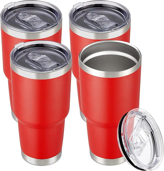 30 oz Tumbler with Lid Stainless Steel Tumblers Bulk Vacuum Insulated Cup Reusable Powder Coated Travel Mug Double Wall Leak Proof Cups Keep Cold Drinks for 12 Hours Wine Red, Set of 4