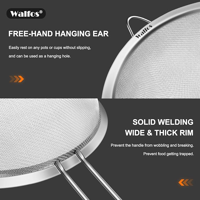 Walfos 4.7 Inch Fine Mesh Strainer, Premium Stainless Steel Colanders and Sifters, with Reinforced Frame and Sturdy Handle, Perfect for Sift, Strain, Drain and Rinse Vegetables, Pastas and Tea