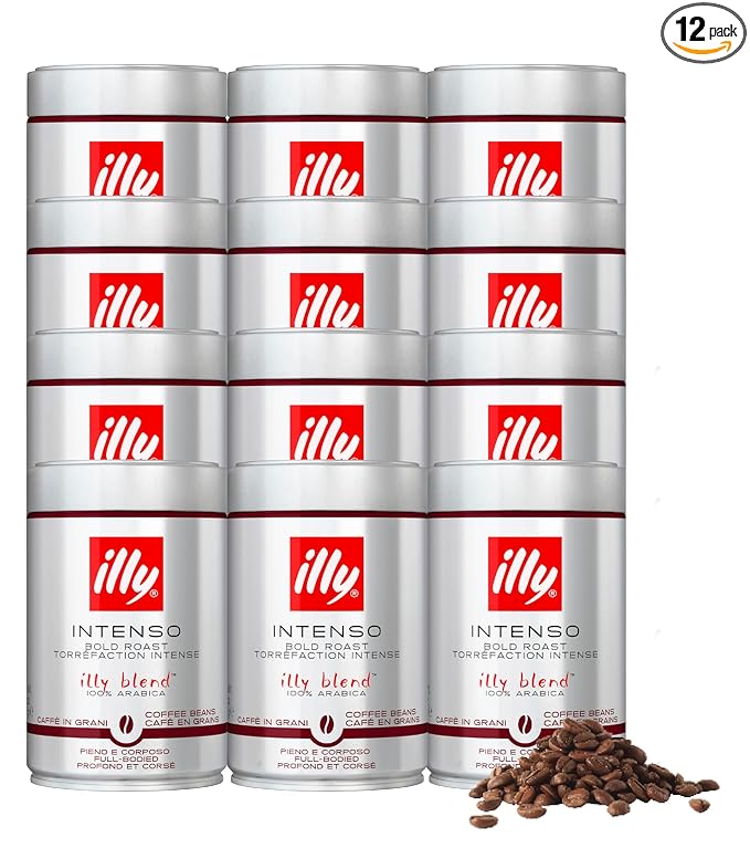 Illy Whole Bean Coffee, Intenso Bold Roast - Bold & Flavorful - 100% Arabica - Whole Beans - Pressurized Packaging Sealed for Freshness - 8.8oz can (Pack of 12)