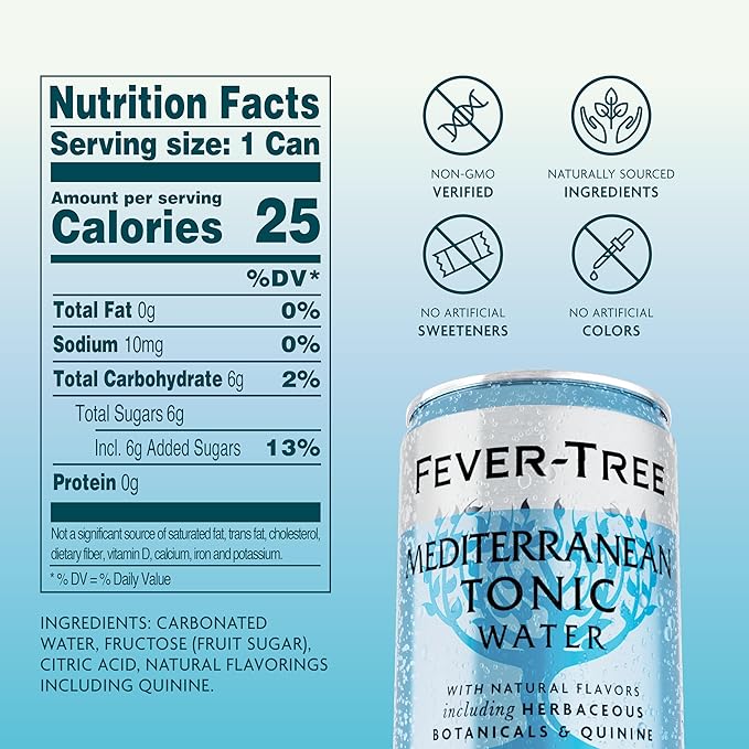 Fever-Tree Mediterranean Tonic Water - Premium Quality Mixer - Refreshing Beverage for Cocktails & Mocktails. Naturally Sourced Ingredients, No Artificial Sweeteners or Colors - 5.1 Fl Oz Cans - Pack of 24