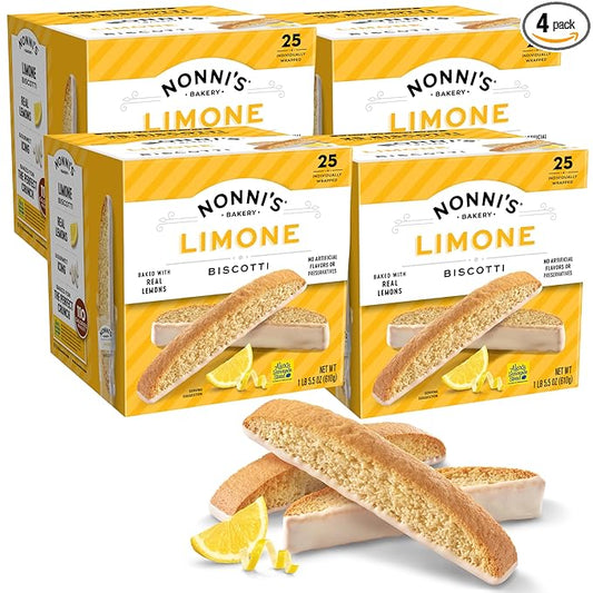 Nonni's Limone Lemon-Iced Biscotti Cookies – Individually Wrapped Italian Tea-Time Snack, Crunchy Twice-Baked, 110 Cal Each, 21.5 oz Carton, 4 Pack
