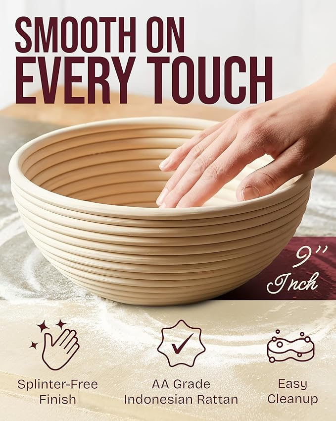 Superbaking Banneton Bread Proofing Basket Set of 2, 9" Splinter-Free Round Rattan Bread Basket with Liners, Sourdough Starter Kit, Sourdough Bread Baking Supplies & Sourdough Kit, Bread Making Tools