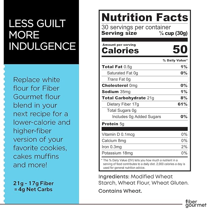 Fiber Gourmet Low Net Carb Flour Blend - Keto Friendly All-Purpose Baking Flour with 55% Fewer Calories, 81% Fewer Net Carbs, 17g Fiber, Non-GMO Vegan - 32 Ounce (pack of 2)