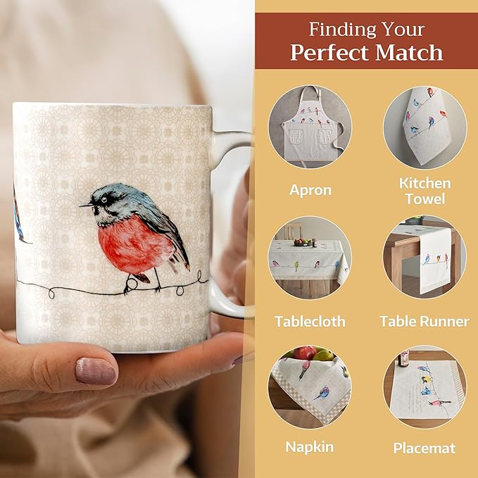 Maison d' Hermine Coffee Mug with Handles Fine Bone China Mugs Pack of One Tea Cups for Hot Beverages Cappuccino Latte Home Restaurant Office Perfect for Gift (Birdies On Wire - Robin, 15 Ounce)