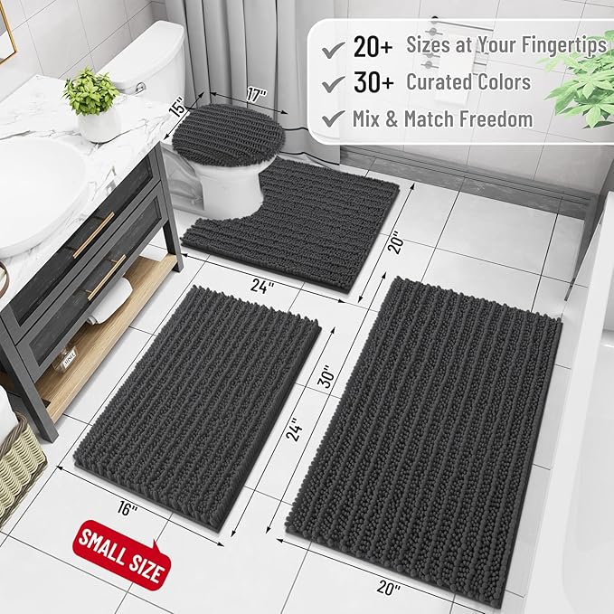 Arotive Luxury Chenille Bathroom Rug Mat, Extra Soft Thick Absorbent Shaggy Bath Rugs, Non-Slip Machine Wash Dry, Plush Bath Mats for Bathroom, Shower and Tub, 40x24, Dark Grey
