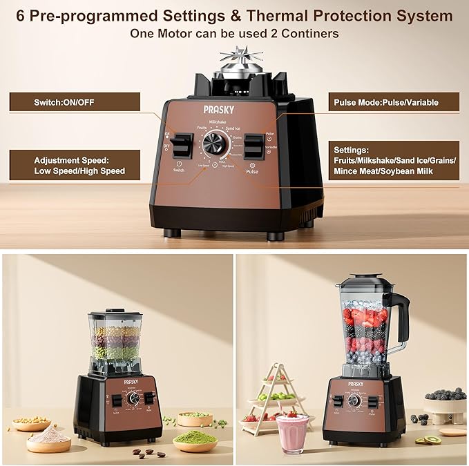 Blenders for Kitchen, Commercial Blender,2400W PRASY Food Processor with 101oz Juice & Grinder Jar, BPA-Free, 25000 RPM Blenders for Smoothies, Ice Crushing, Frozen Fruit (Brown, 2L)