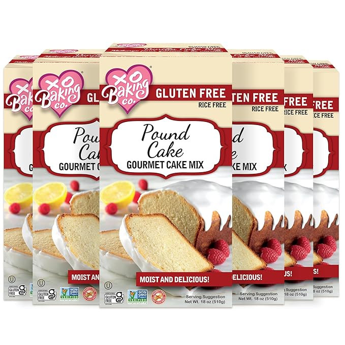 XO Baking Co. Gluten Free Pound Cake Gourmet Cake Mix; Non-GMO; Kosher; Rice Free; Soy Free; Dairy Free; Peanut Free; No Preservatives; No Artificial Flavors or Colors, 18oz (Pack of 6)