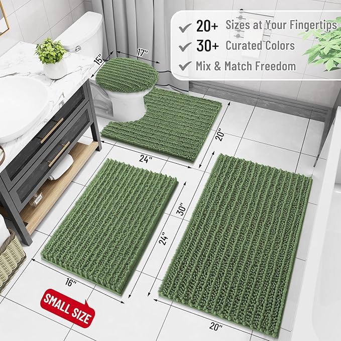 Arotive Luxury Chenille Bathroom Rug Mat, Extra Soft Thick Absorbent Shaggy Bath Rugs, Non-Slip Machine Wash Dry, Plush Bath Mats for Bathroom, Shower and Tub, 47x24, Olive Green