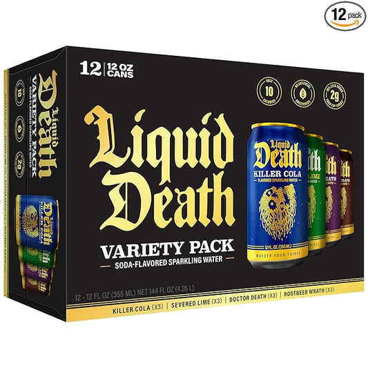 Liquid Death, Soda-Flavored Sparkling Water Variety Pack, 12-Pack (12oz Cans), Low Sugar, Huge Flavor & No Artificial Sweeteners, 4 Flavors: Severed Lime, Doctor Death, Killer Cola, and Rootbeer Wrath