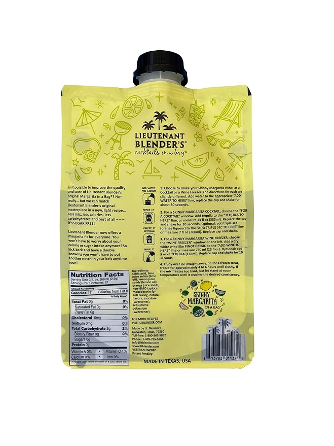 Lt. Blender's Skinny Margarita in a Bag - Skinny Margarita Mix - Each Bag Makes 1/2 Gallon of Keto Friendly Skinny Mixes – Low Carb Margarita Mix – Add Liquor, Wine or as Mocktails (Pack of 3)